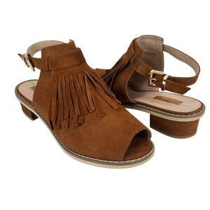 Topshop | Women 7 | Tan Brown Faux Suede Blinders Fringe Slingback Sandals 42B21